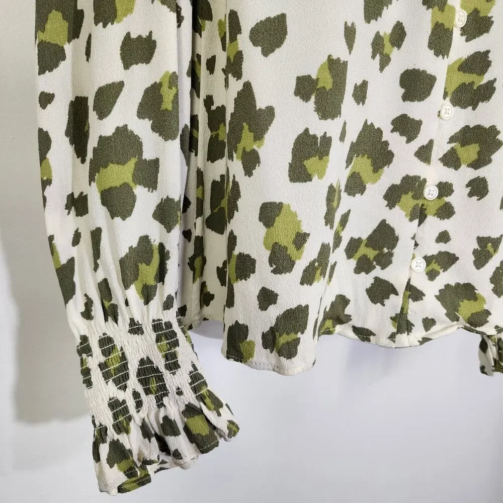 LOFT Women’s Blouse Small Ivory Green Cheetah Print Smocked Cuff Square Neck